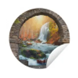 Doorkijk - Waterval - Herfst - Landschap Wandcirkel tuinposter met ringen klein -3d