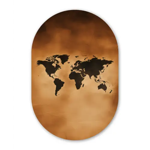 Wereldkaart - Bruin - Kaart Wandcirkel Ovaal Glas middel -3d