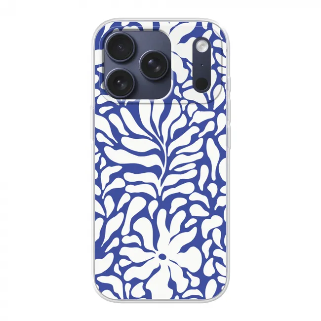 Telefoonhoesje - Bloemen patroon - Blauw - Wit - Bladeren