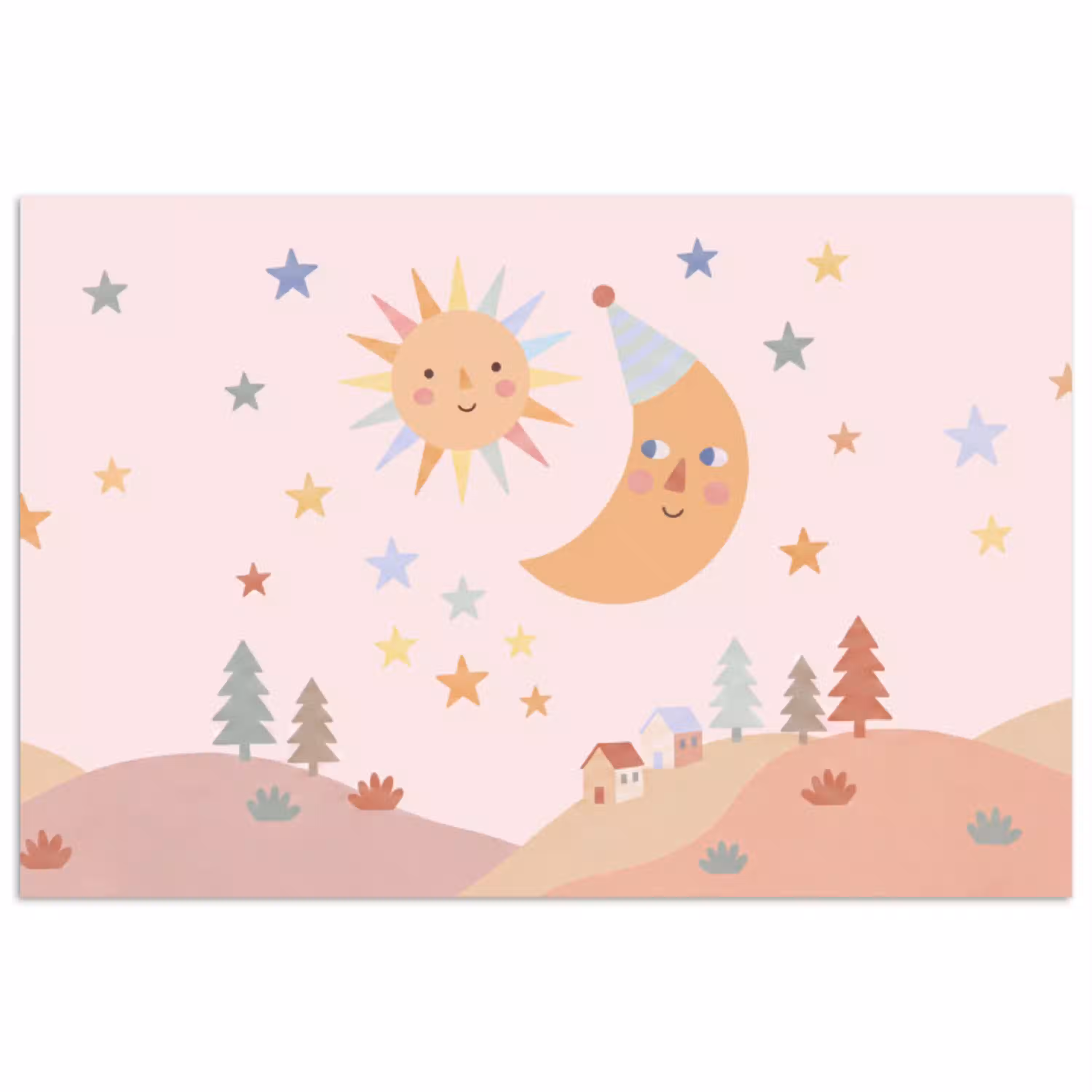 Zon - Maan - Sterren - Kinderkamer - Pastel poster papier klein -3d