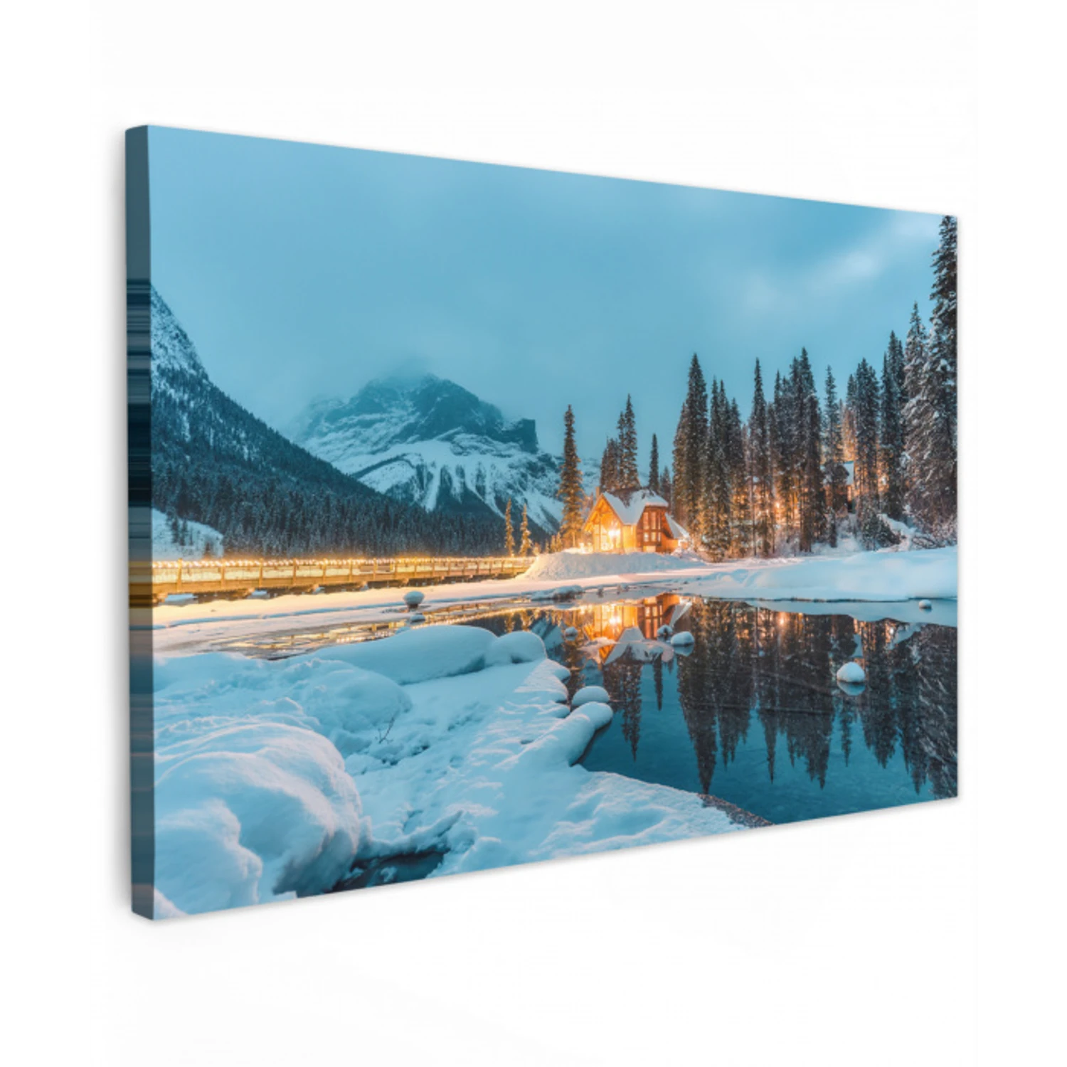 Winterlandschap - Natuur - Huis - Bergen - Sneeuw Tuinposter op houten frame 2 cm dik klein -3d