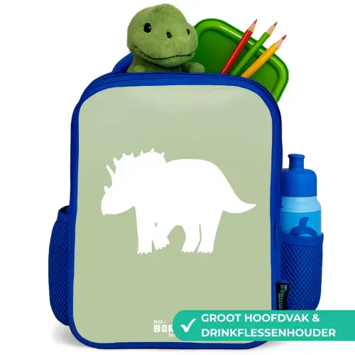 Groen met Triceratops dino Kinderrugzak - Blauw middel -inhoud_NL