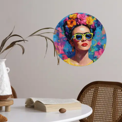 Vrolijk portret - Vrouw - Bloemenkroon Wandcirkel behangsticker klein -sfeer3