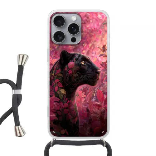 Luipaard - Bloemen - Roze Hoesje iPhone 16 Pro Max met koord klein -3d
