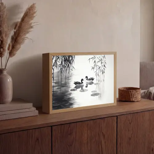 Eenden - Waterlelies - Riet - Zwart Light Box met batterij (Wandlamp) middel -sfeer2
