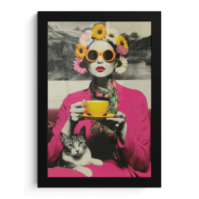 Vrouw - Kat - Bloemen - Kopje - Retro fotolijst zwart zonder passe partout klein -3d