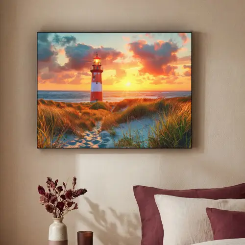 Vuurtoren - Zonsondergang - Duinen - Horizon Textielframe zwart klein -sfeer1