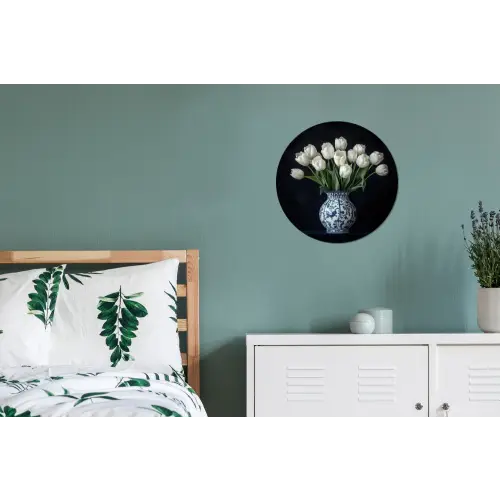 Wit - Bloemen - Tulpen - Vaas Wandcirkel aluminium klein -slaapkamer