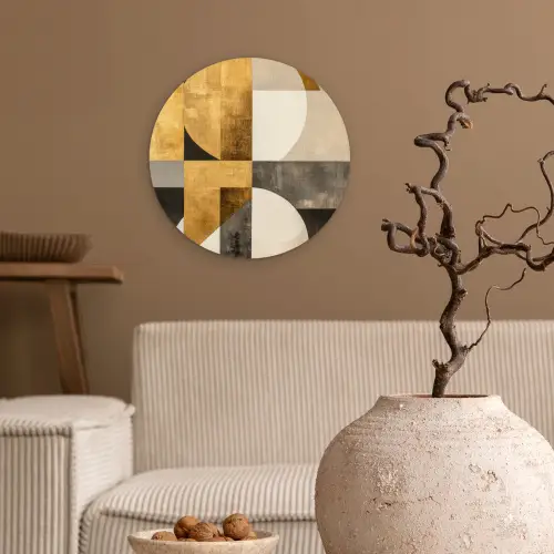Abstract - Goud - Grijs - Vormen - Geometrisch Wandcirkel kunststof plaat 5mm dik klein -sfeer1