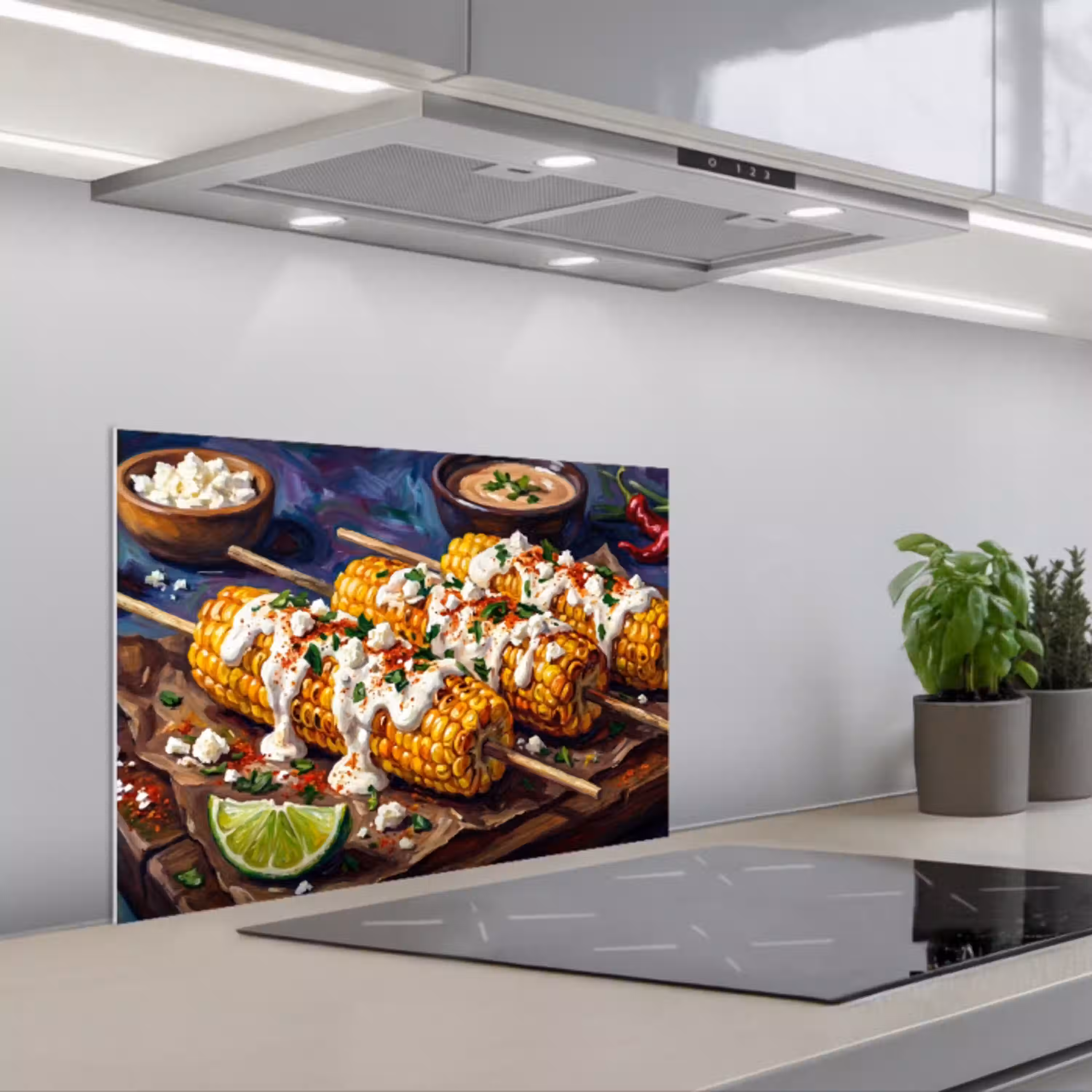 Eten - Maïs - Saus - Geschilderd - Geel keuken achterwand spatscherm klein -3d_schuin