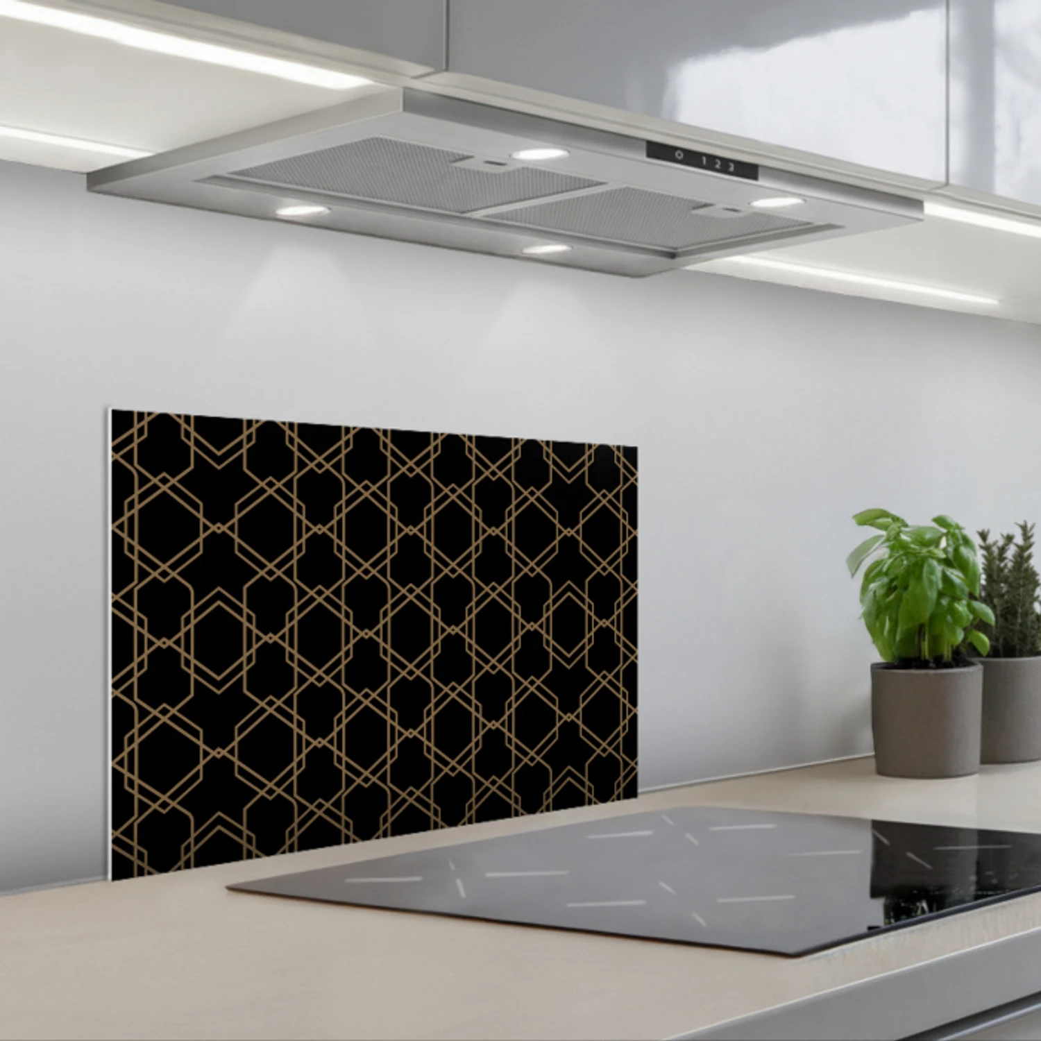 Verweven - Zeshoeken - Zwart - Goud keuken achterwand spatscherm klein 900 -3d_schuin