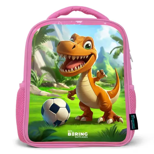 Dino met een voetbal in groen landschap Kinderrugzak - Roze middel -3d