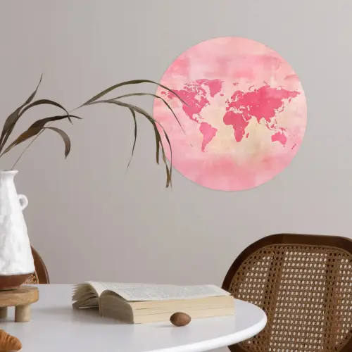 Wereldkaart - Roze - Vaag Wandcirkel behangsticker klein -sfeer3