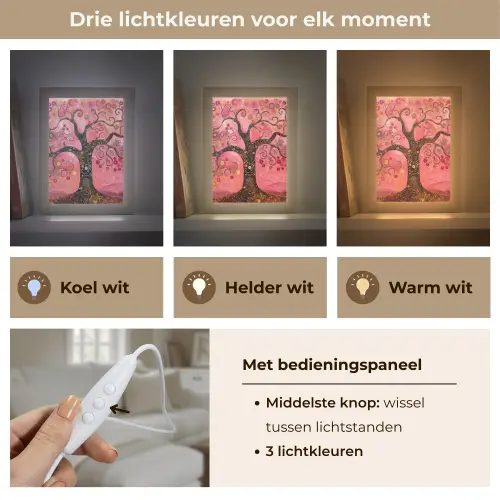 Boom - Levensboom - Roze - Goud Light Box met kabel (Tafellamp) klein -USP_lichtkleurNL