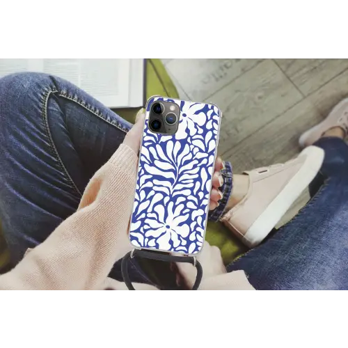Bloemen patroon - Blauw - Wit - Bladeren Hoesje iPhone 12 Pro met koord klein -hand