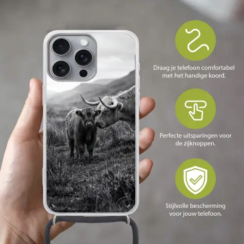 Schotse hooglander - Kalf - Zwart - Wit Hoesje iPhone 16 Pro Max met koord klein -sfeer2_NL