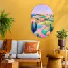 Landschap - Paars - Pastel - Huizen Wandcirkel Ovaal Glas middel -sfeer4