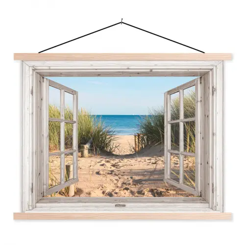 Doorkijk - Strand - Zee - Duinen - Zand - Water - Helmgras textielposter latten blank klein -3d