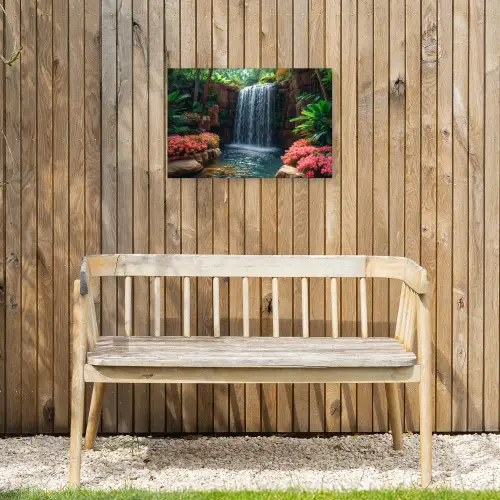 Waterval in Bloeiende Tropische Tuin Tuinposter op houten frame 2 cm dik klein -sfeer4