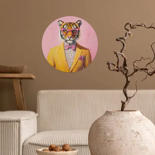 Tijger - Bril - Geel - Jasje Wandcirkel behangsticker klein -sfeer1
