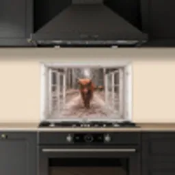 Doorkijk - Schotse Hooglander - Raam keuken achterwand spatscherm klein -sfeer1