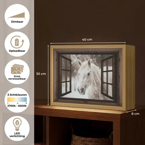 Doorkijk - Paard - Wit - Winterlandschap - Sneeuw Light Box met batterij (Wandlamp) middel -USP_websiteoverzichtNL