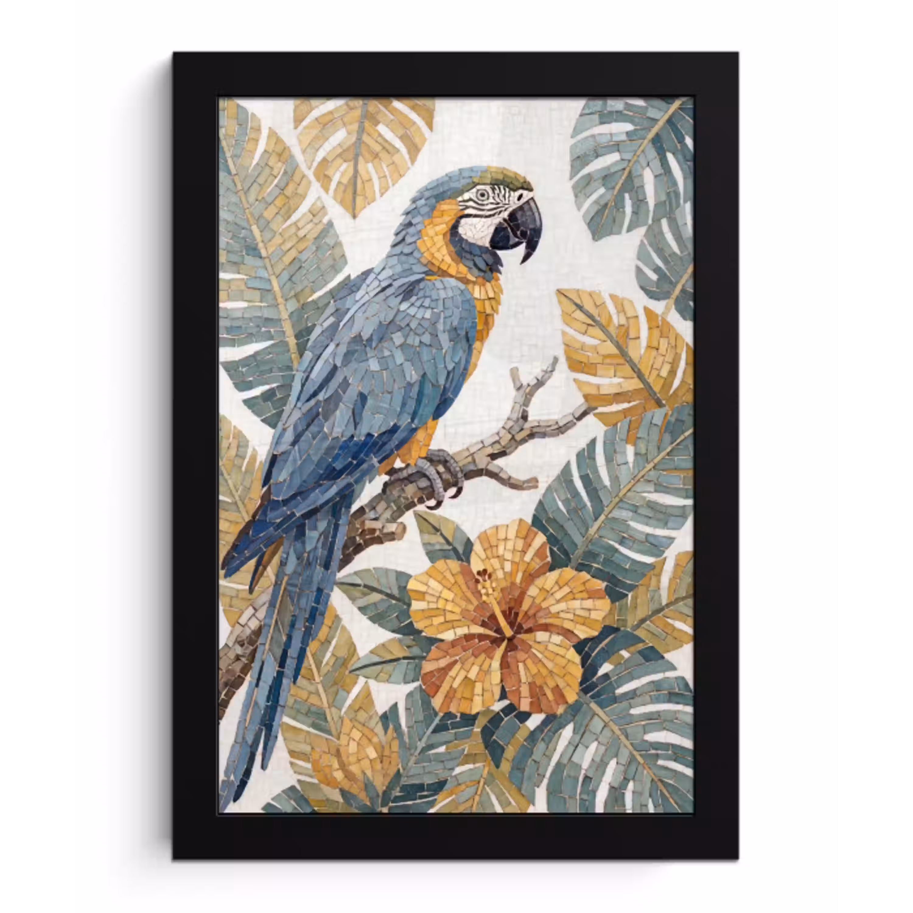 Vogel - Tak - Natuur - Mozaïek - Blauw fotolijst zwart zonder passe partout klein -3d