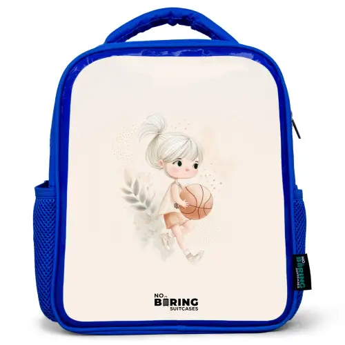 Meisje met een basketbal in neutrale kleuren. Kinderrugzak - Blauw middel -3d