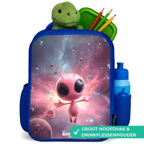 Roze Alien in Sterrennevel Kinderrugzak - Blauw middel -inhoud_NL