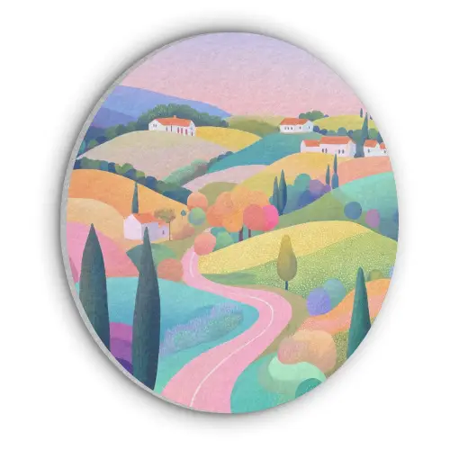 Landschap - Paars - Pastel - Huizen Akoestische PET Vilt - Rond klein -3d