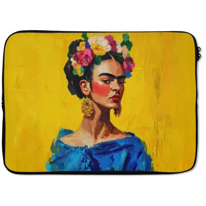 Frida Kahlo - Vrouw - Geel - Blauw - Bloemen laptophoes neopreen klein -zkaufland3dotto