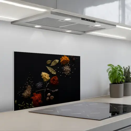Specerijen - Kruiden - Noten - Lavendel - Zwart keuken achterwand spatscherm klein -3d_schuin