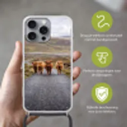 Schotse Hooglanders - Weg - Landschap - Kudde Hoesje iPhone 16 Pro Max met koord klein -sfeer2_NL