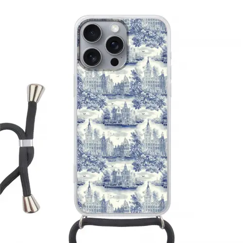 Huizen - Bomen - Water - Vogels - Blauw Hoesje iPhone 16 Pro Max met koord klein 804 -3d