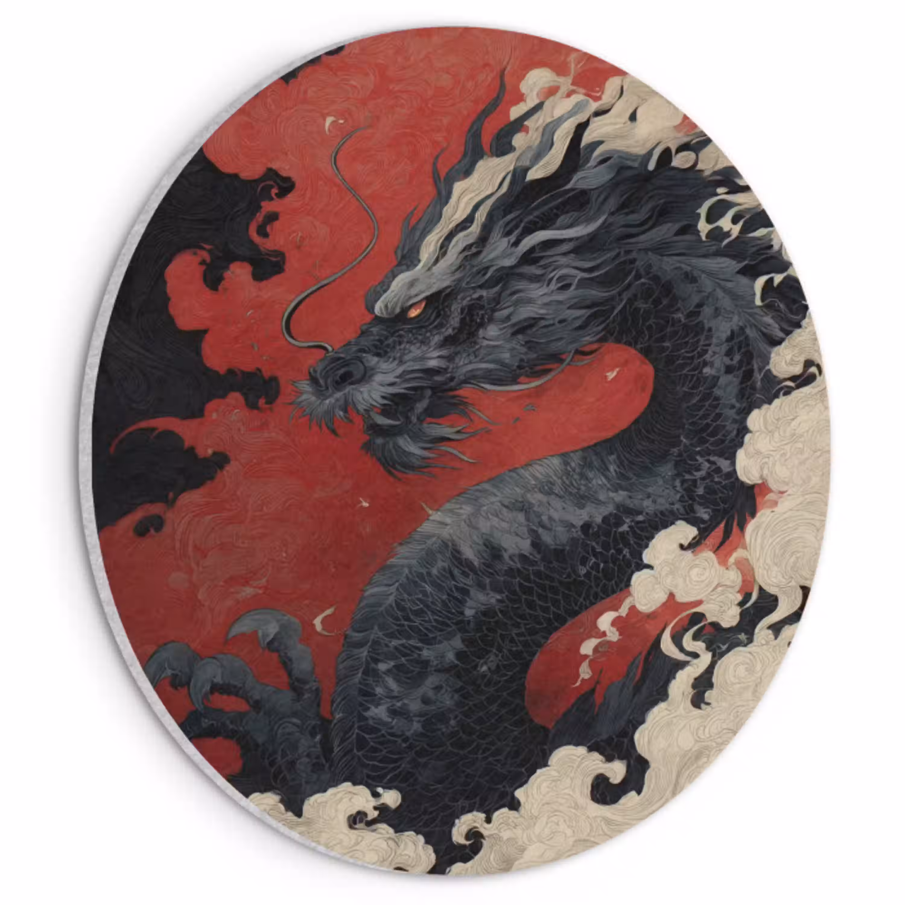 Zwarte draak - Rookwolken - Rood Akoestische PET Vilt - Rond klein -3d