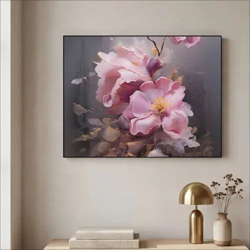 Bloemen - Roze - Stilleven - Kunst Textielframe zwart klein -sfeer2