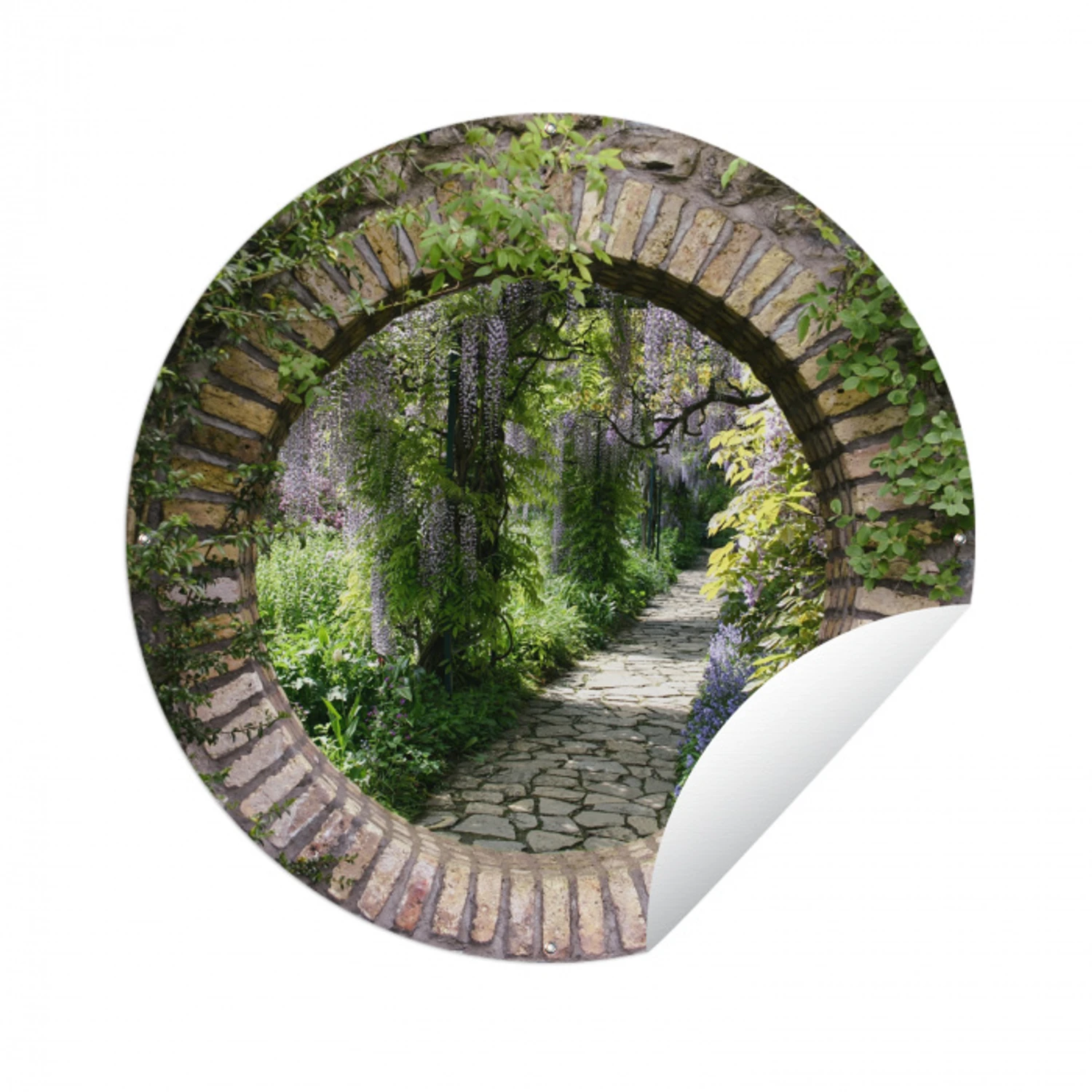 Bos - Stenen - Doorkijk - Pad - Blauwe regen Wandcirkel tuinposter met ringen klein -3d