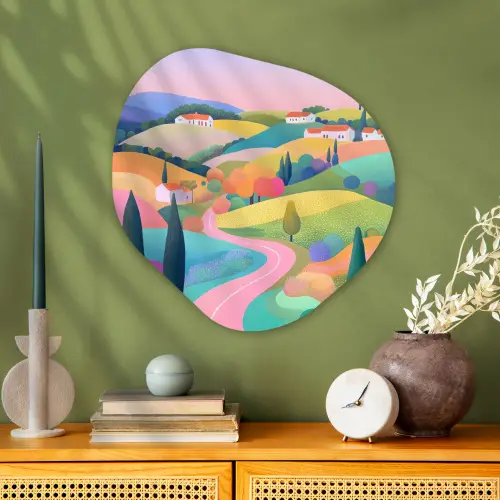 Landschap - Paars - Pastel - Huizen Wandcirkel Organisch Plexiglas middel -sfeer2