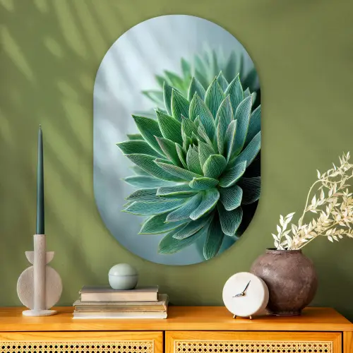 Vetplant - Bladeren - Groen - Wazig Wandcirkel Ovaal Glas middel -sfeer2