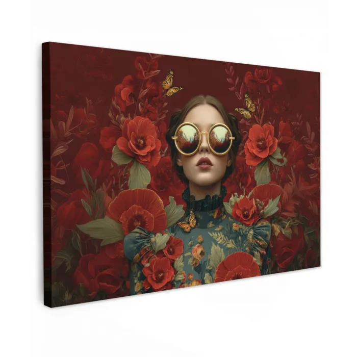 Bloemen - Dieprood - Zonnebril - Vrouw Tuinposter op houten frame 2 cm dik klein -3d