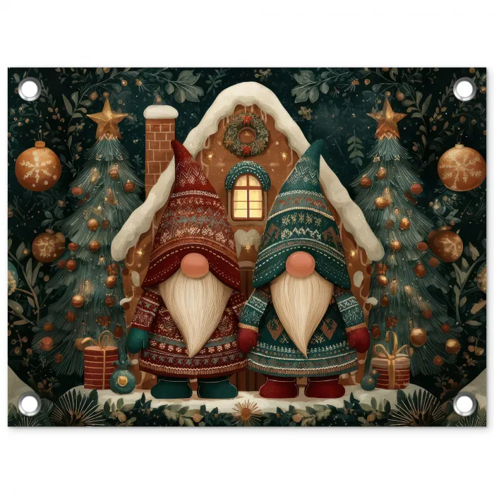 Kerst - Gnomen - Peperkoekhuisje - Rood - Groen tuinposter los doek klein -3d