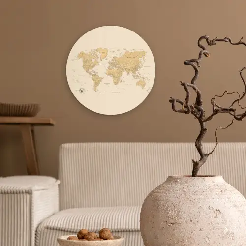 Wereldkaart - Realistisch - Beige Wandcirkel plexiglas klein -sfeer1