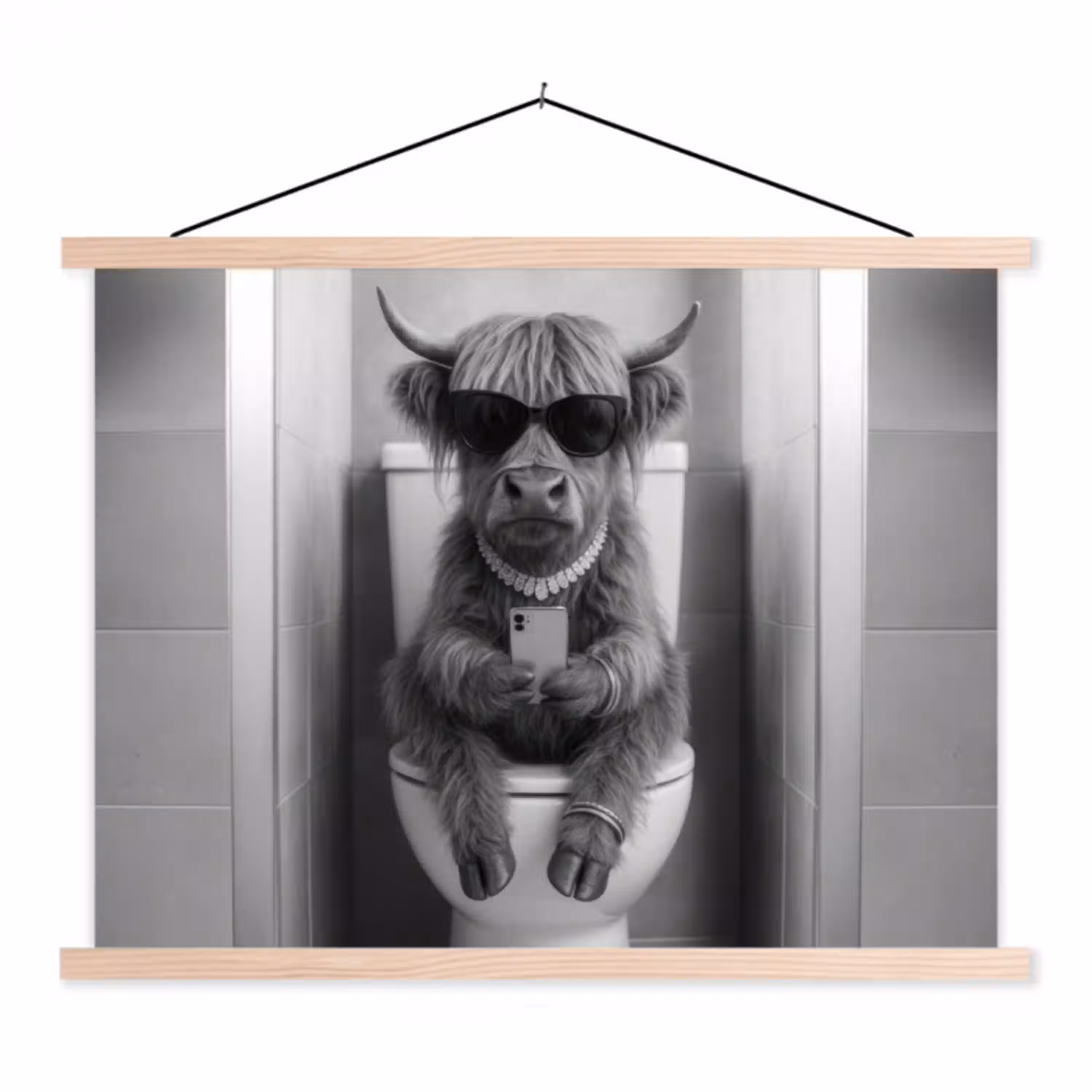 Stier - Telefoon - Toilet - Zwart - Wit textielposter latten blank klein -3d