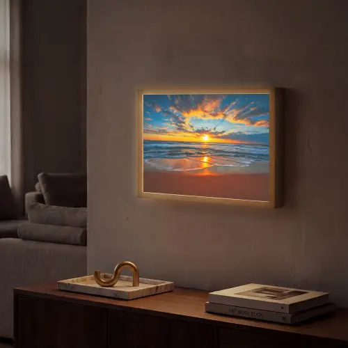 Zee - Zonsondergang - Strand - Wolken - Oranje Light Box met batterij (Wandlamp) middel -sfeer1