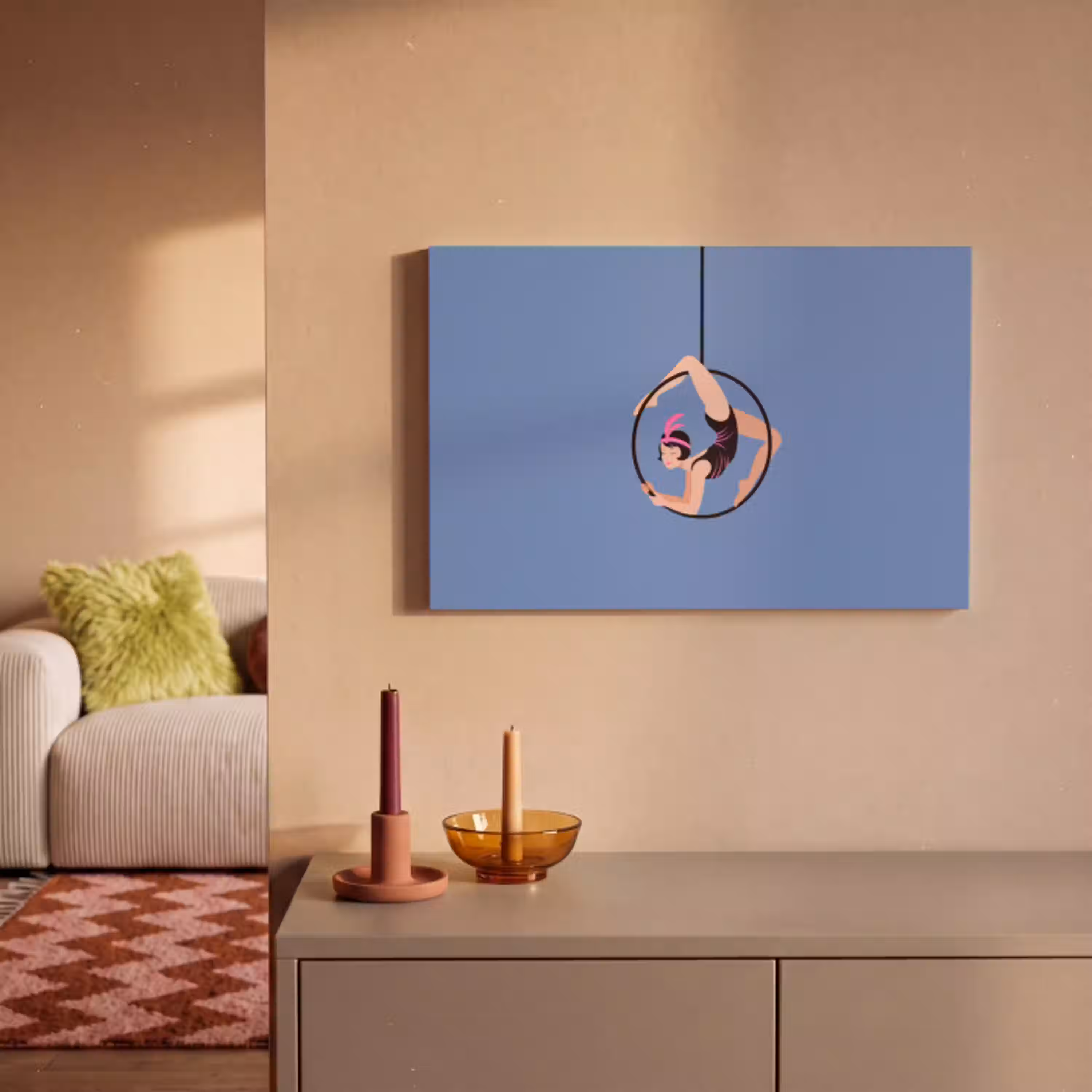 Vrouw - Aerial hoop - Art deco - Illustratie - Blauw canvas 2cm klein -sfeer1