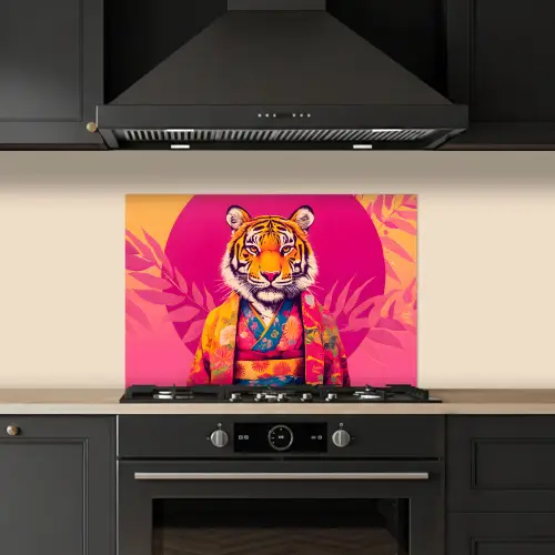 Tijger - Kimono - Planten - Roze keuken achterwand spatscherm klein -sfeer1