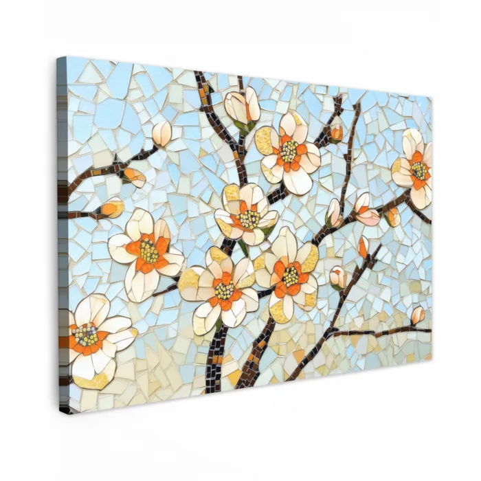 Bloesems - Wit - Mozaïek - Tak Tuinposter op houten frame 2 cm dik klein -3d