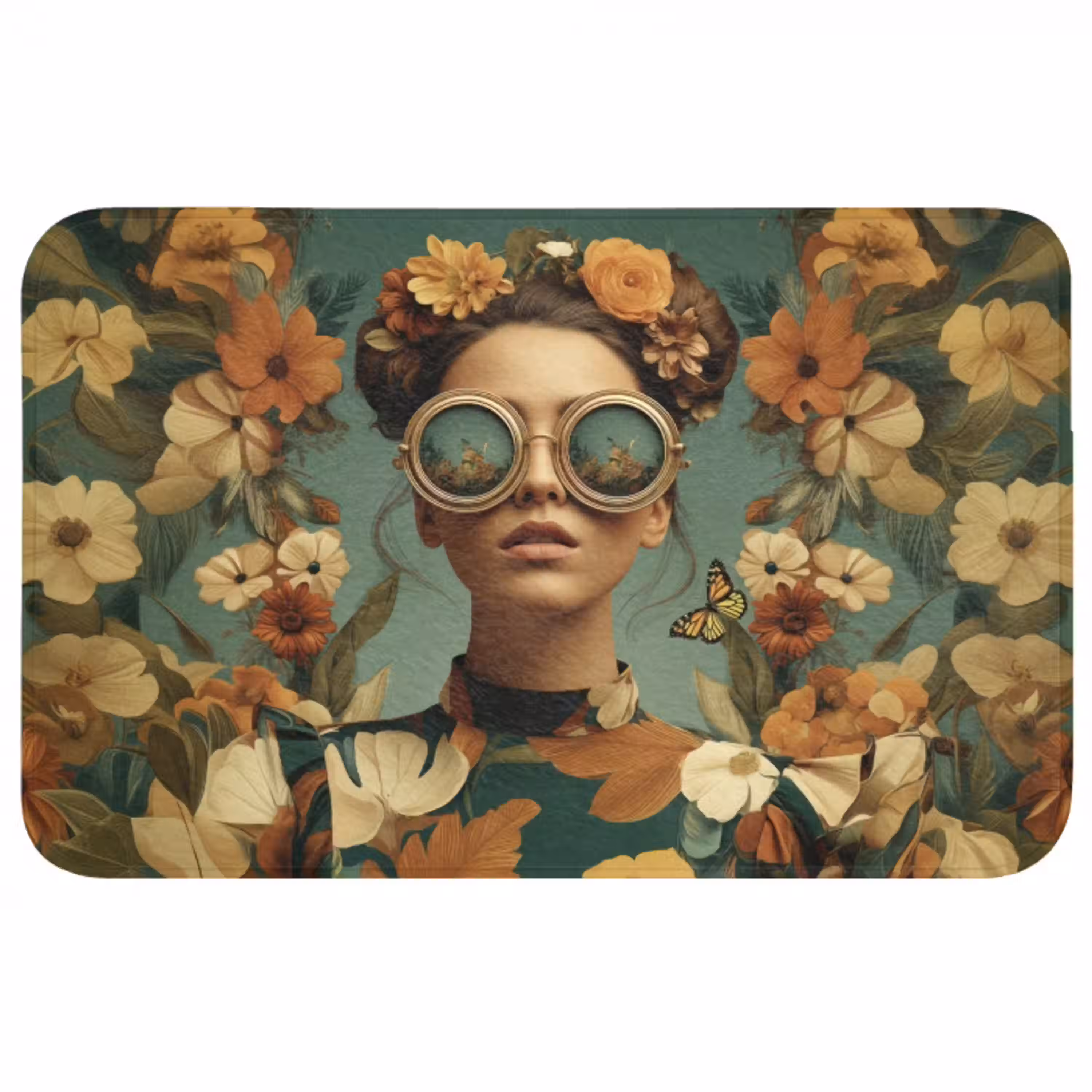 Bloemenkrans - Vrouwengezicht - Zonnebril - Oranje Badmat middel -3d