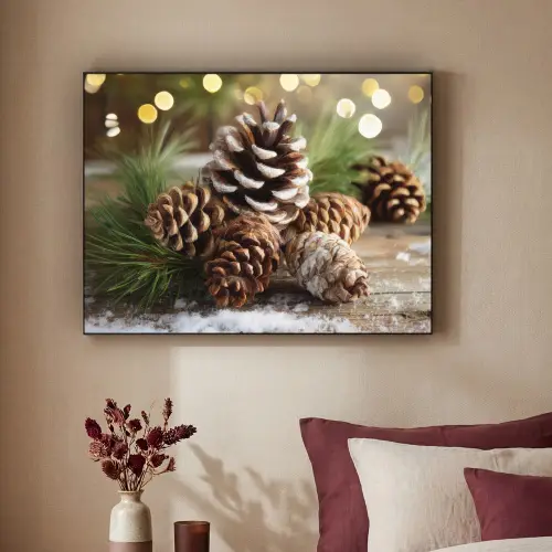 Dennenappels - Kerstsfeer - Bruin - Groen Textielframe zwart klein -sfeer1