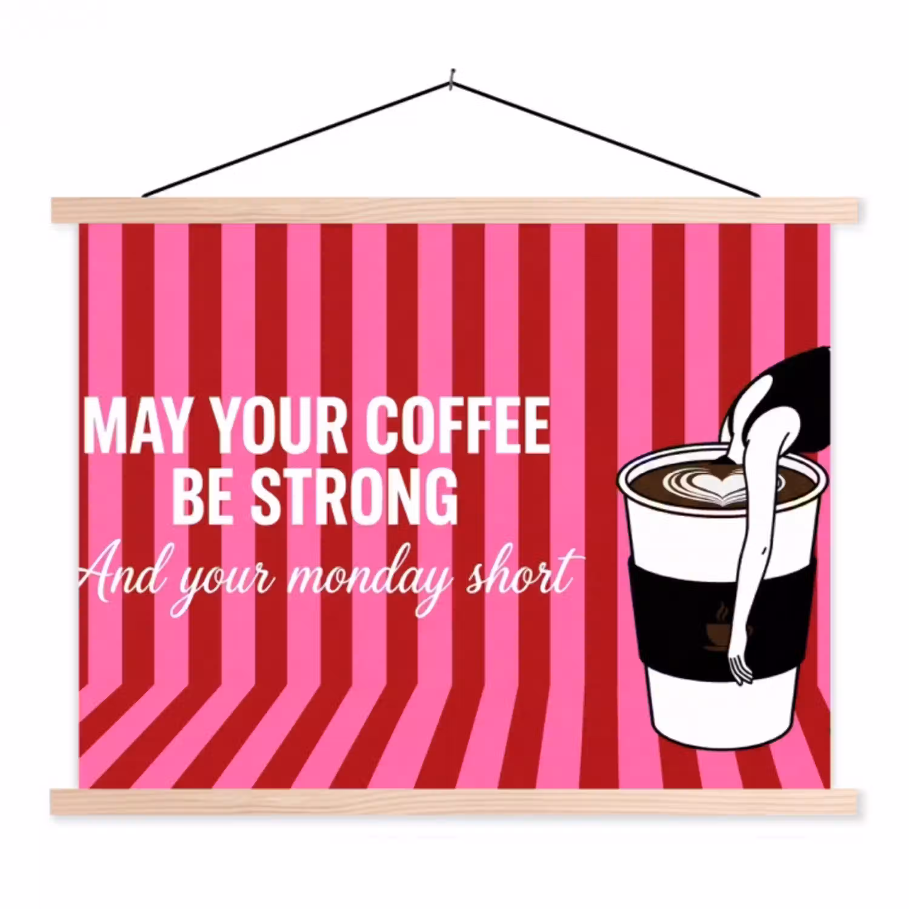 Roze - Strepen - Koffie - Maandag textielposter latten blank klein -3d